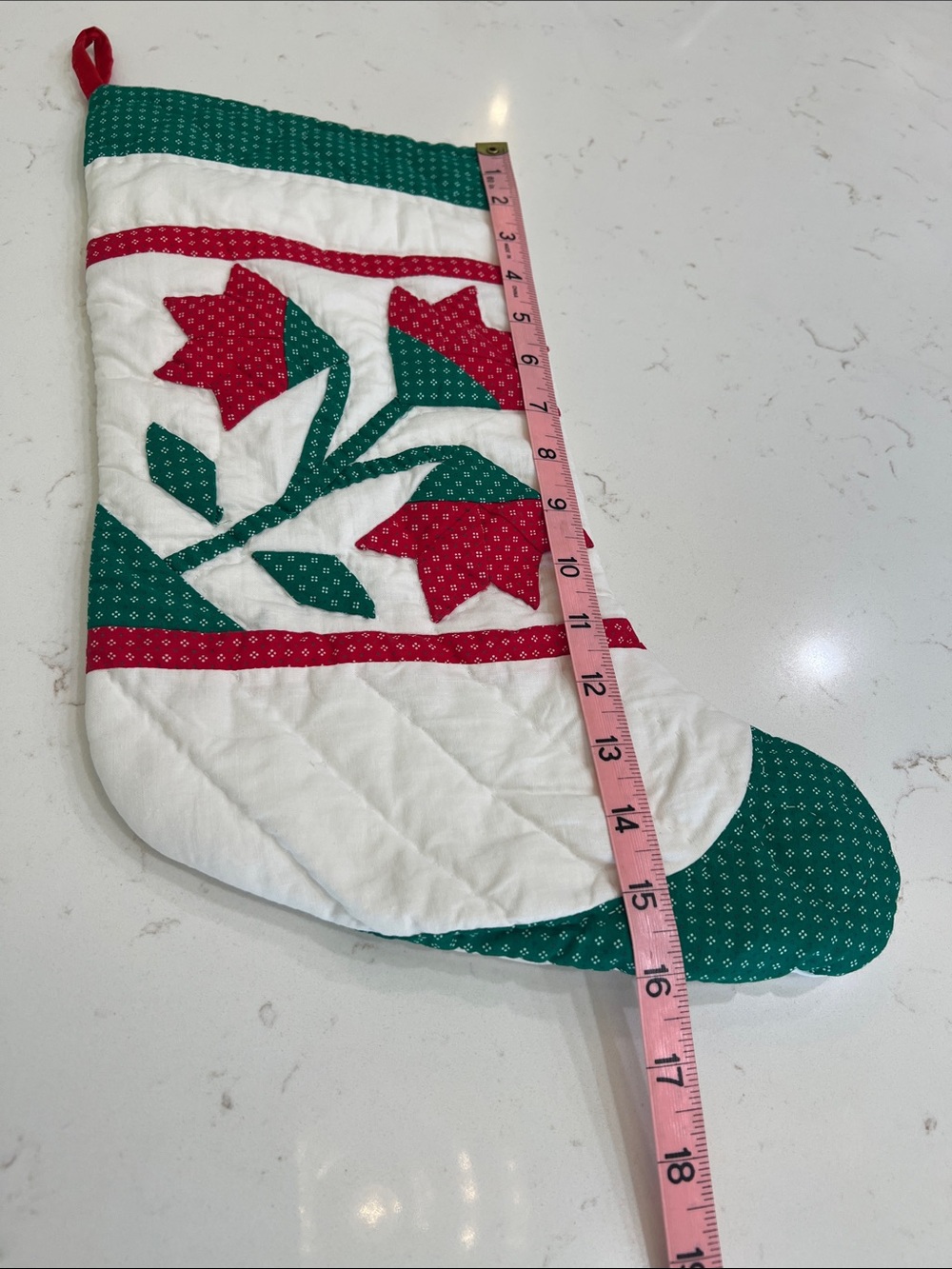 Handmade Quilted Christmas Stocking Floral Appliqué Red Green - Picture 8 of 9
